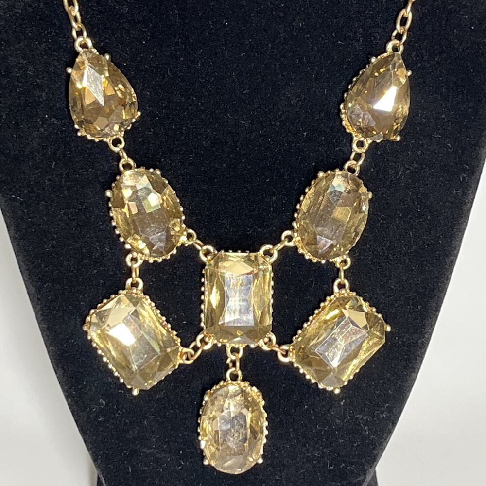 Champagne Crystal Gold Tone Statement Bib Necklace Faceted Formal Evening Glam